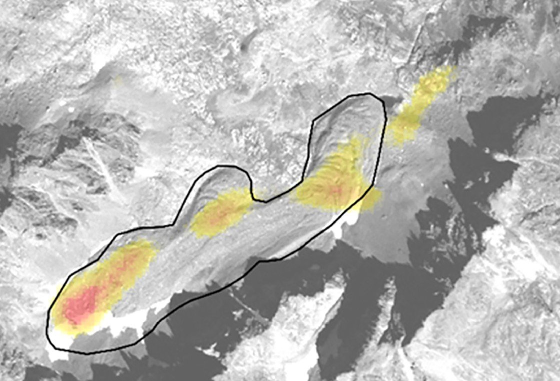 CNN detection probability overlay on SPOT 6 satellite image, Argentera massif