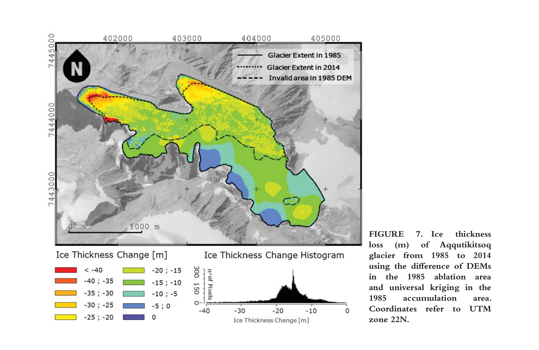 Ice thickness change map of Aqqutikitsoq glacier 1985-2014