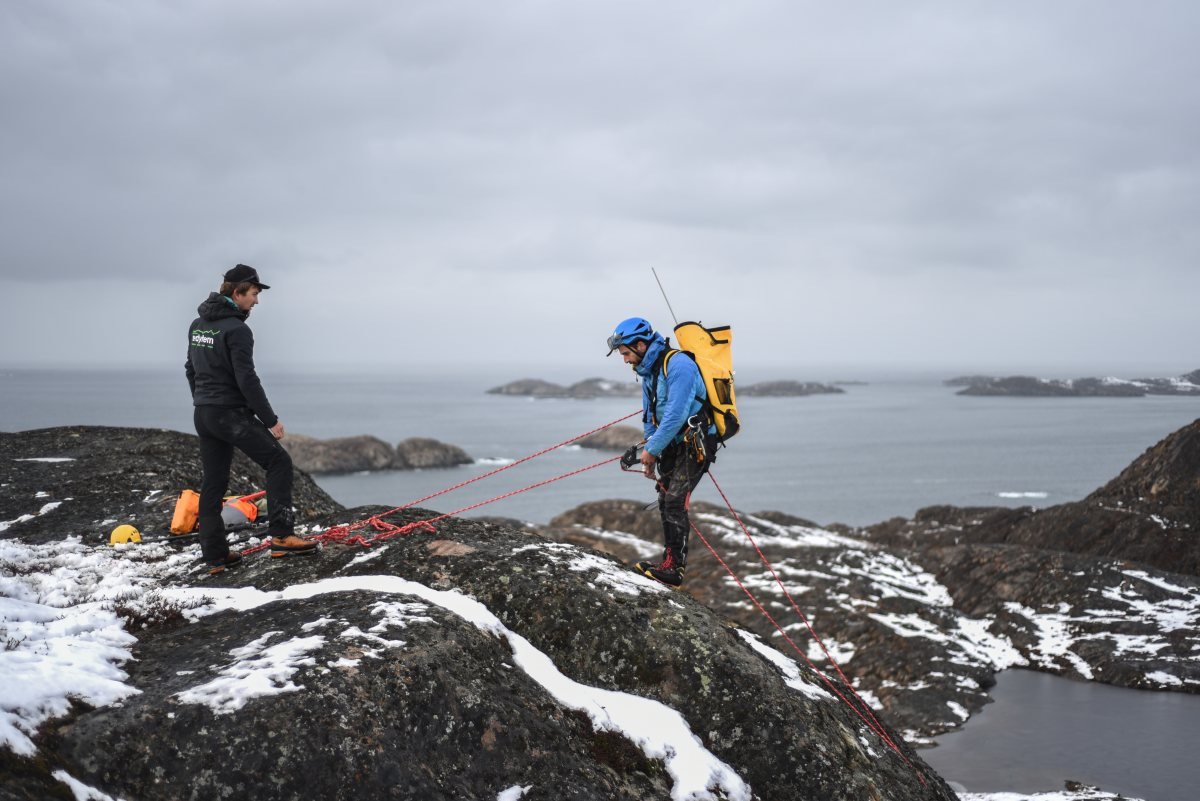 Thermal sensor installation in rock wall, Sisimiut area