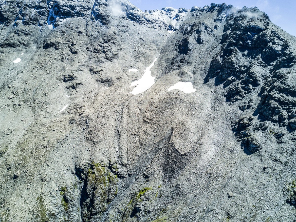 Lou rock glacier aerial view, Maurienne valley. Progressive frontal advance and surface fracturing.
