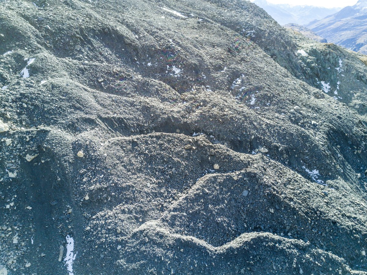Pierre Brune rock glacier, Vanoise massif. Main destabilization crack cutting across the debris lobe.