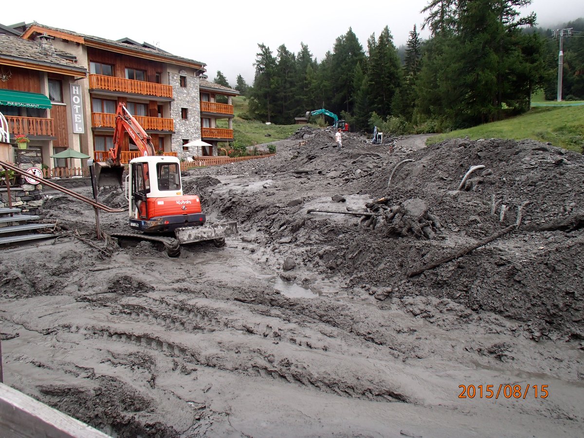 Debris flow aftermath, Lanslevillard, Maurienne valley, August 2015. The event originated from the Lou rock glacier front.