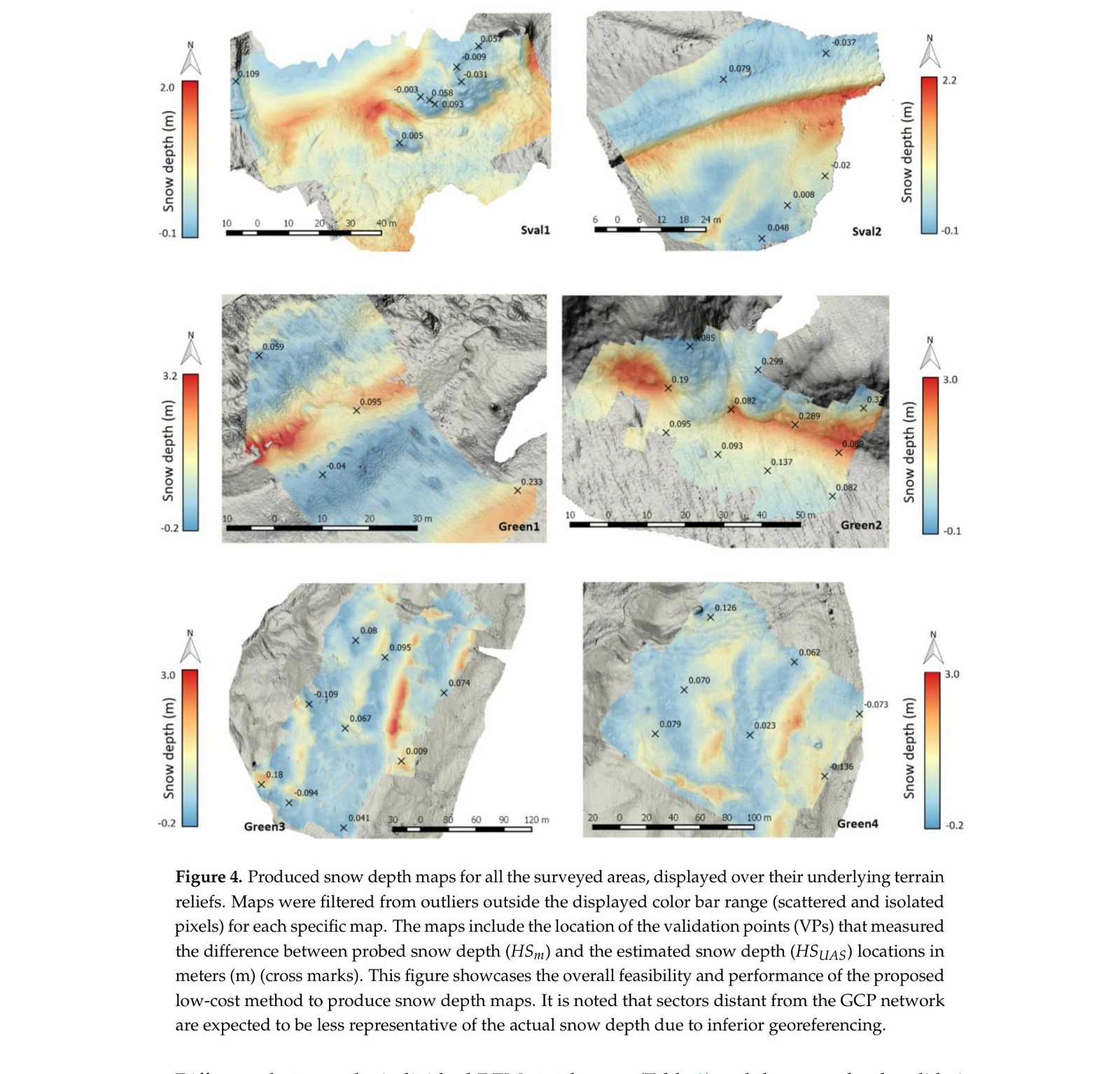 Snow depth maps for all six surveyed areas: Sval1, Sval2, Green1, Green2, Green3, Green4