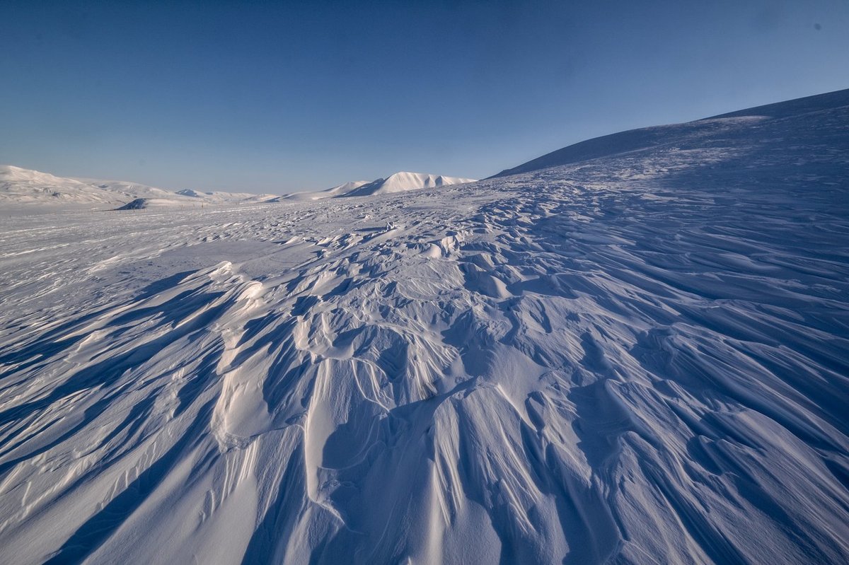 Sastrugi surface near Longyearbyen under clear sky. The wind-sculpted texture provided enough visual features for SfM to reconstruct the surface reliably.
